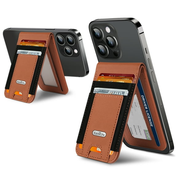 ExtreLife Magnetic Phone Wallet Stand, Magsafe Card Holder Compatible for iPhone 16/15/14/13/12 Series, Genuine Leather, RFID Blocking, Fits 9 Cards