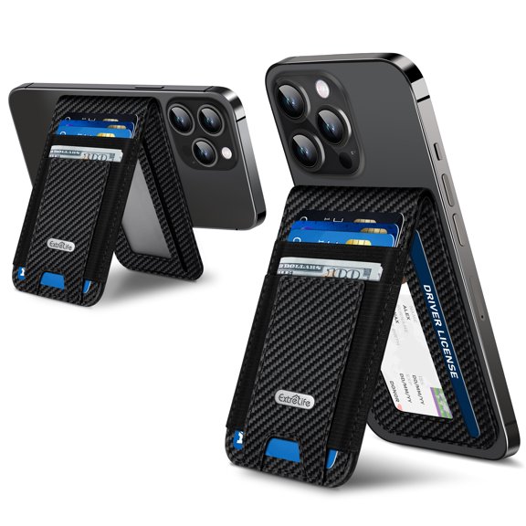 ExtreLife Magnetic Phone Wallet Stand, Magnetic Card Holder Compatible for iPhone 17/16/15/14/13/12 Series, Genuine Leather, RFID Blocking, Fits 9 Cards