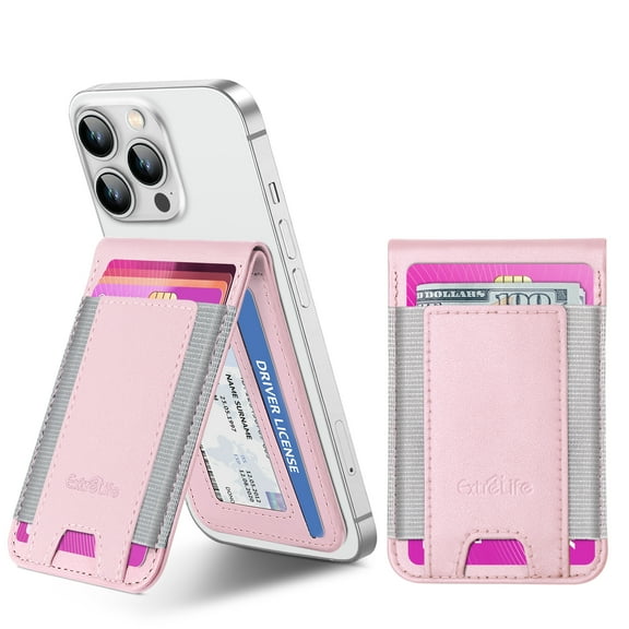 ExtreLife Stick on Phone Card Holder, Stronger 3M Adhesive Leather Phone Wallet with Adjustable Stand Compatible for Back of Phone Case, iPhone, Samsung