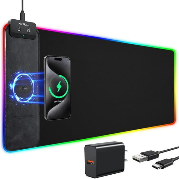 ExtreLife RGB Gaming Mouse Pad with Wireless Chargeing, LED Large Desk Mat, Ultra-Smooth Surface, Non-Slip Rubber Base, Waterproof Keyboard Pad