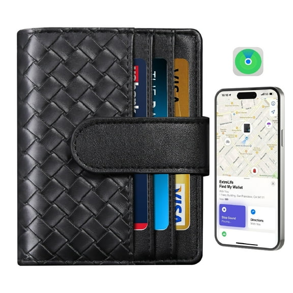Extrelife Wallets for Women, Works with Apple Find My, Genuine Leather Credit Card Holder with Zipper Pocket Coin Purse with ID Window, RFID Blocking, Black