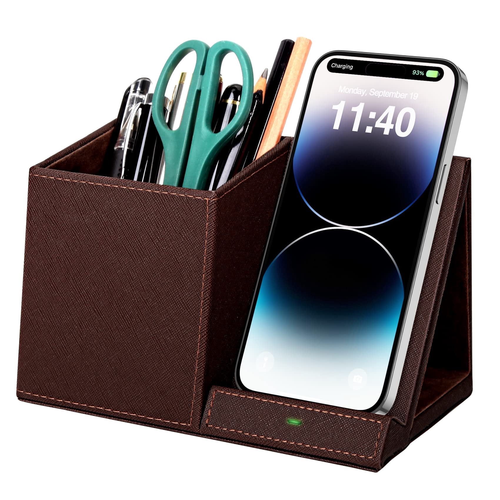 Extrelife Desk Organizer with Wireless Charging for iPhone, PU Leather with Pencil Holder for Desk & Nightstand, Brown