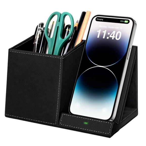 Extrelife Desk Organizer with Wireless Charging for iPhone, PU Leather with Pencil Holder for Desk & Nightstand, Black