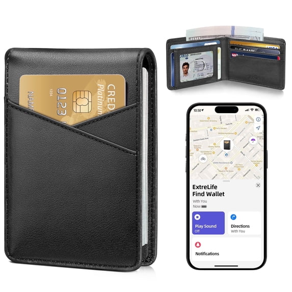 Extrelife Minimalist Wallets for Men, Works with Find My App, Slim Leather Bifold Wallet Credit Card Holder with Cash Pocket, ID Window, RFID Blocking, Gifts for Men