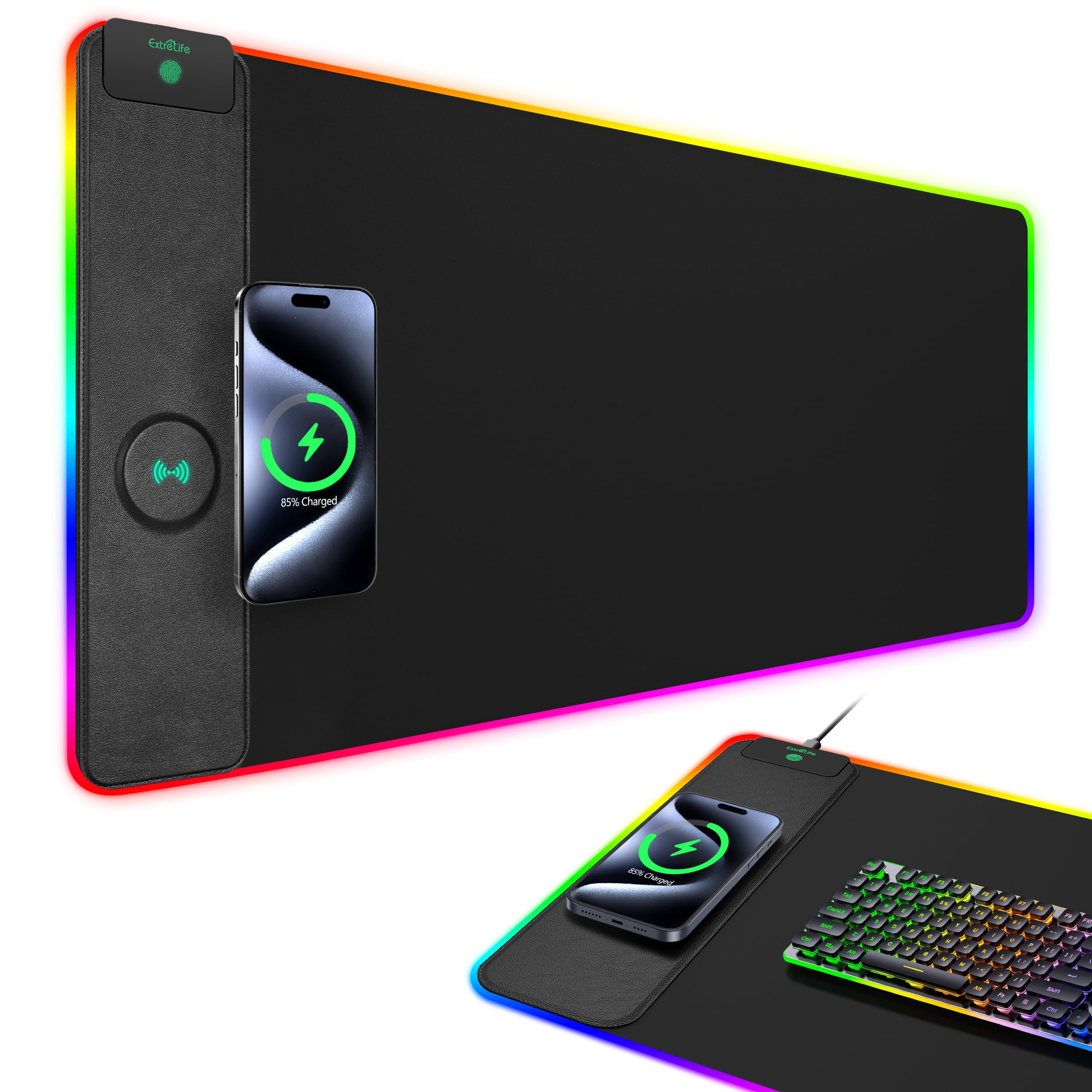 Extrelife RGB Gaming Mouse Pad with Magnetic Wireless Charger, 11 Lights Modes, LED Mouse Mat 15W Fast Charging for Home, Office, School