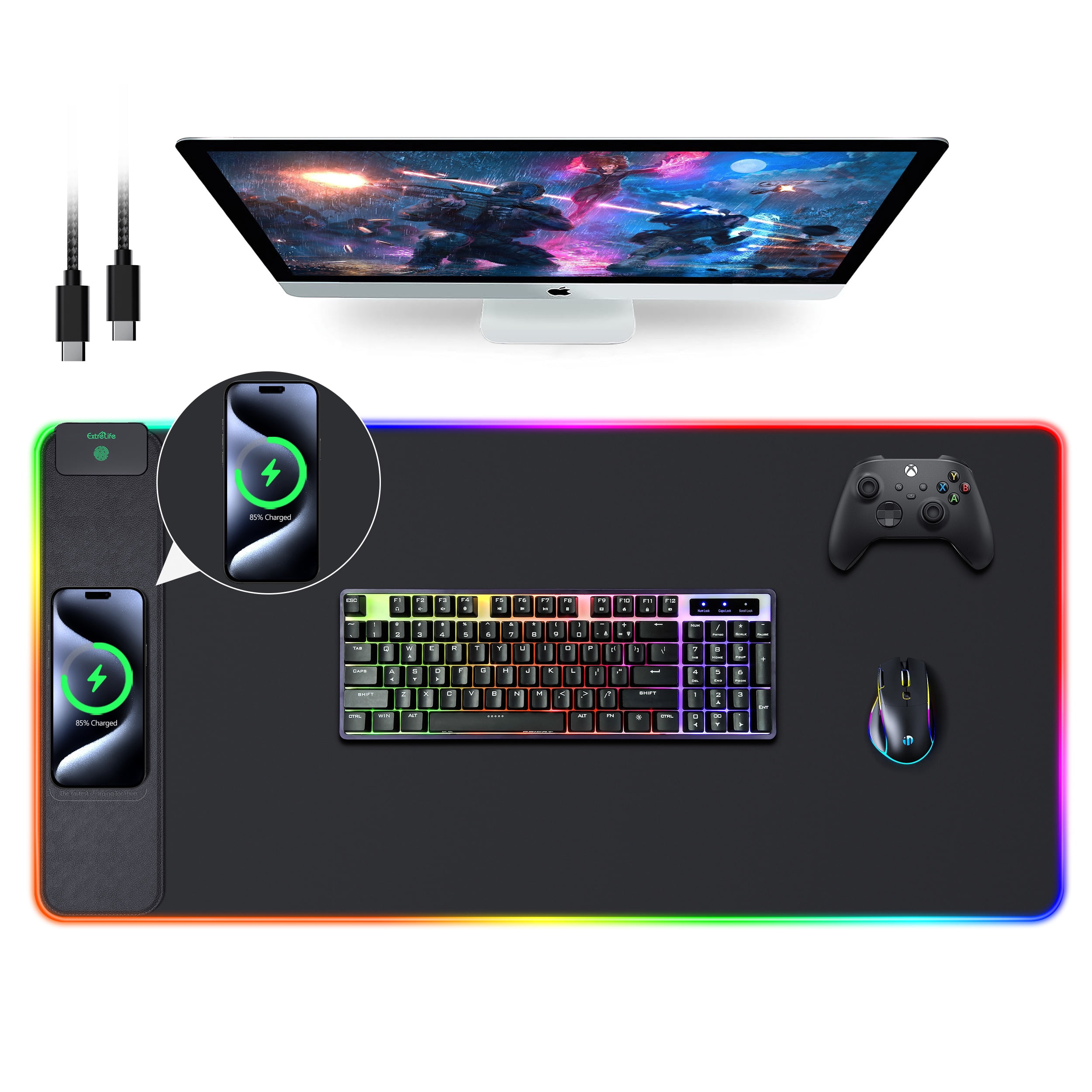 Extrelife RGB Gaming Mouse Pad with Wireless Charger, 11 Lights Modes, LED Mouse Mat 15W Fast Charging for Home, Office, School