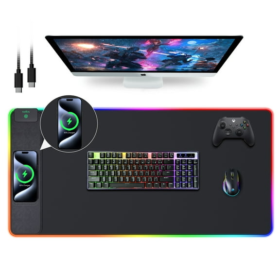 Extrelife RGB Gaming Mouse Pad with Wireless Charger, 11 Lights Modes, LED Mouse Mat 15W Fast Charging for Home, Office, School