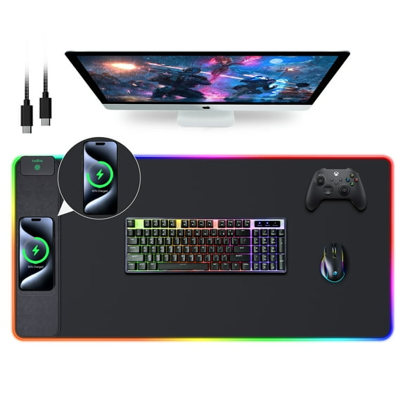 Extrelife RGB Gaming Mouse Pad with Wireless Charger, 11 Lights Modes, LED Mouse Mat 15W Fast Charging for Home, Office, School
