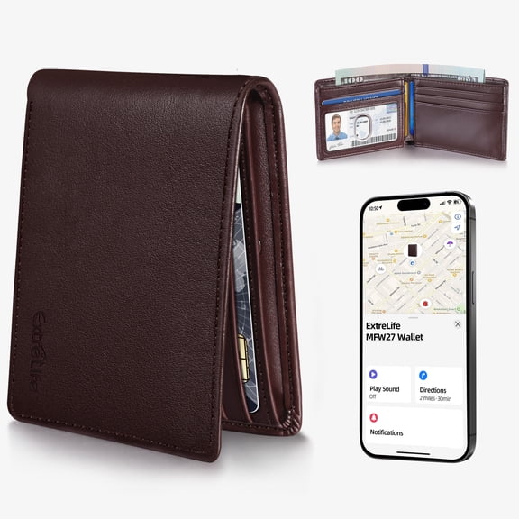 ExtreLife Smart Wallets for Men, Works with Find My App (iOS Only), Genuine Leather Slim Bifold Wallets Card Holder with Cash Pocket, RFID Blocking, Gifts for Men