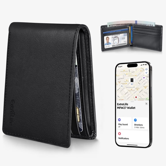 ExtreLife Smart Wallets for Men, Works with Find My App (iOS Only), Genuine Leather Slim Bifold Wallets Card Holder with Cash Pocket, RFID Blocking, Gifts for Men