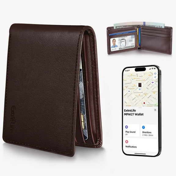 ExtreLife Smart Wallet for Men, Built in Tracker with Apple Find My (iOS Only), Leather Classic Bifold Wallets Card Holder with Cash Pocket, RFID Blocking