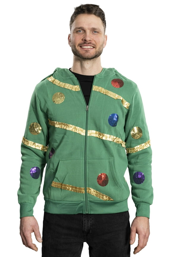Extreme Christmas Tree Hoodie with Balls and Stars Green Zip-Up Costume Sweatshirt for Holiday Parties