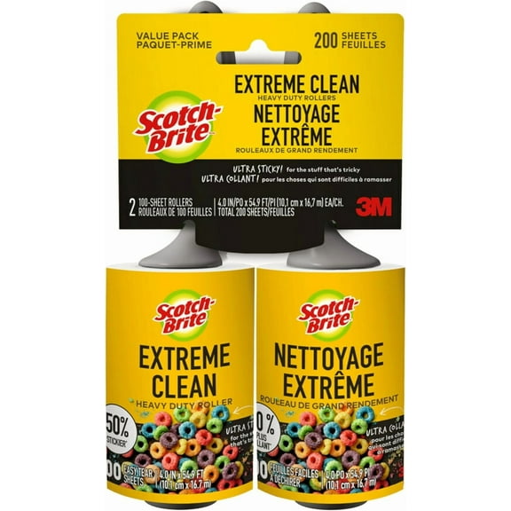 Extreme Clean Lint Roller, 50% Stickier*, Heavy Duty for Removing Debris and Pet Hair on Clothes, Furniture, Cars, Offices & More, 2 Pack, 200 Adhesive Sheets Total