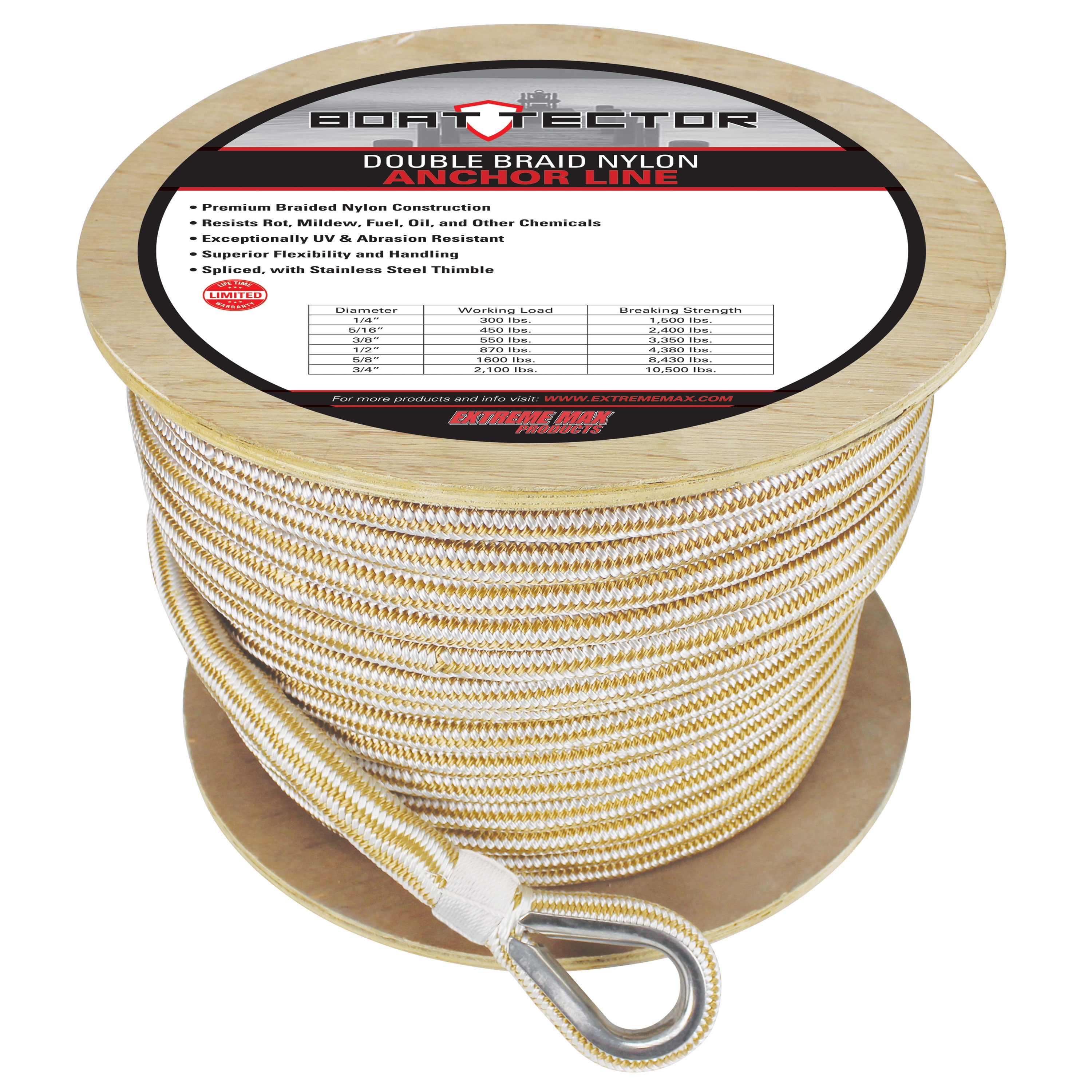 Extreme Max 3006.2349 BoatTector Premium Double Braid Nylon Anchor Line  with Thimble - 3/4 x 600', White & Gold