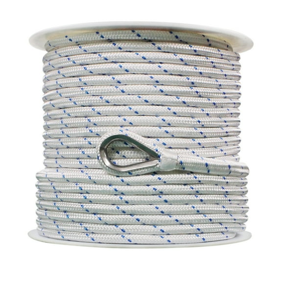 Extreme Max 3006.2514 BoatTector Double Braid Nylon Anchor Line with Thimble - 1/2" x 150', White w/ Blue Tracer