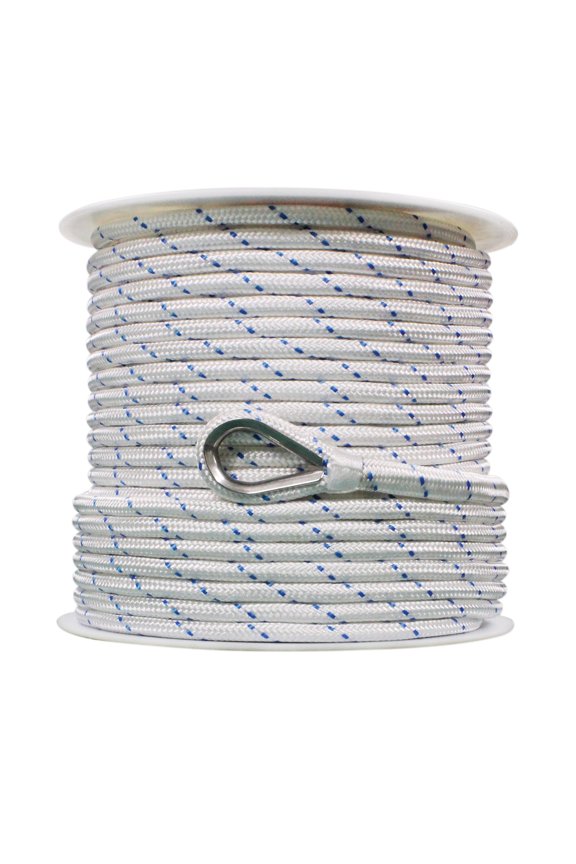 3006.2517 BoatTector Double Braid Nylon Anchor Line with Thimble - 1/2" x 200', White w/ Blue Tracer
