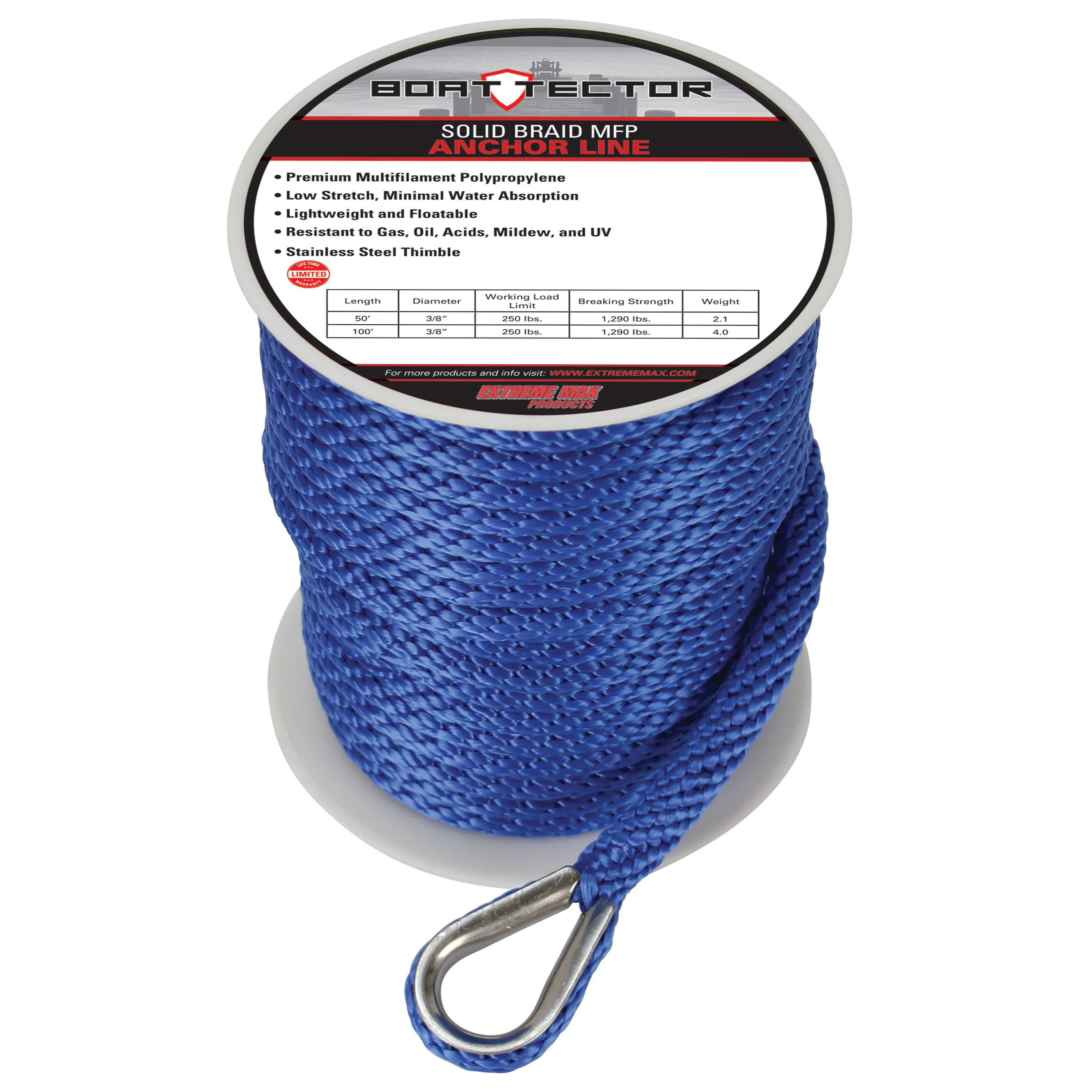 Extreme Max 3006.2705 Premium Solid Braid MFP Anchor Line with Thimble - 3/8 x 150, Blue