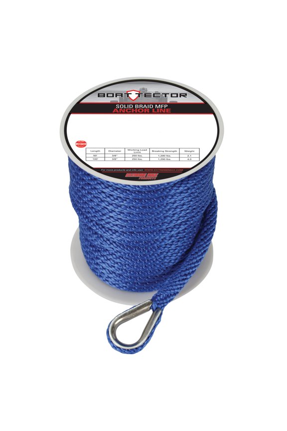 3006.3482 BoatTector Solid Braid MFP Anchor Line with Thimble - 1/2" x 150', Royal Blue