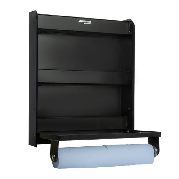 Extreme Max 5001.6337 Aluminum Work Station Storage Cabinet w/ Flip-Out Work Tray & Paper Towel Rack Organizer for Enclosed Race Trailer, Shop, Garage, Storage - Black