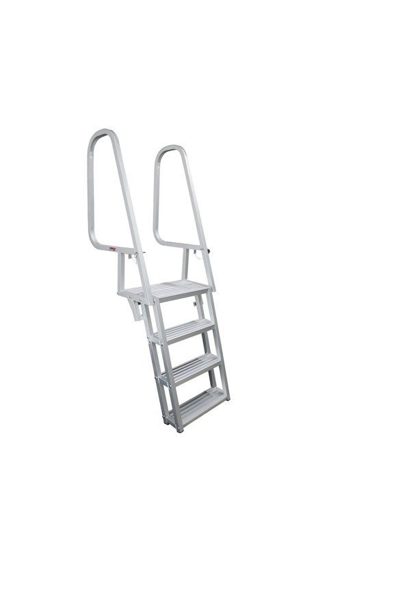 3005.4116 Deluxe Aluminum Flip-Up Dock Ladder - 4-Step (18" x 5-3/8" Steps with 44" Railings) for Dock, Pools, Hot Tub