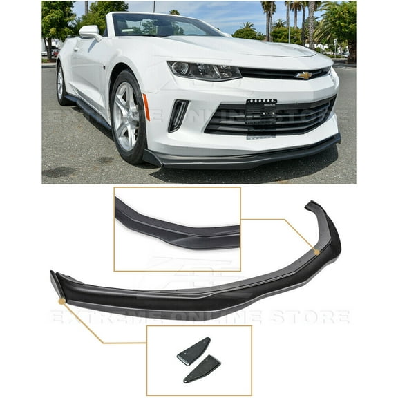 Extreme Online Store for 2016-2018 Chevrolet Camaro LS/LT/RS Models | EOS T6 Style Front Bumper Lower Lip Splitter with Carbon Fiber Side End Cap Extension Pair (ABS Plastic - Plastic Black)