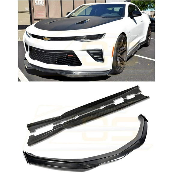 Extreme Online Store for 2016-2018 Chevrolet Camaro SS | EOS T6 Style Carbon Fiber Add On Front Bumper Lower Lip Splitter Side End Caps & Side Skirts Rocker Panel Pair
