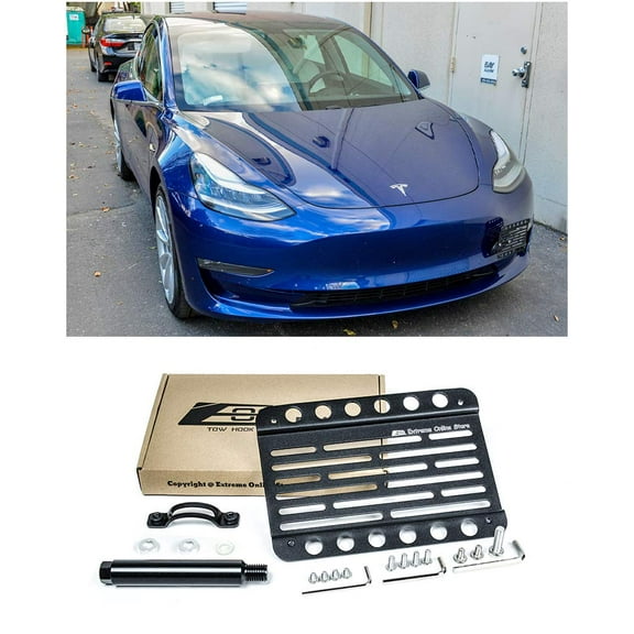 Extreme Online Store for 2016-Present Tesla Model 3 | EOS Plate Version 1 Mid Sized Front Bumper Tow Hook License Plate Mount Relocator with Lowering Extension Bracket