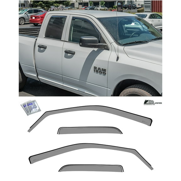 Extreme Online Store Fits All 2009-2018 Ram 1500 Quad Cab Models | EOS Visors in-Channel Style Smoke Tinted Side Vents Window Deflectors Rain Guards