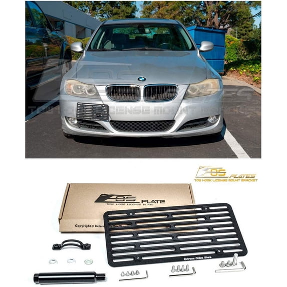 Extreme Online Store Replacement for 2006-2009 BMW E90 E91 3-Series | EOS Plate Version 2 Full Sized Front Bumper Tow Hook License Relocator Mount Bracket Tow-058-V2 