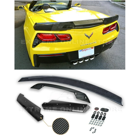 Extreme Online Store Replacement for 2014-2019 Chevrolet Corvette C7 All Models | Z06 Z07 Stage 3 Style Rear Trunk Lid Wing with Smoke Tinted WickerBill Spoiler (Carbon Fiber)