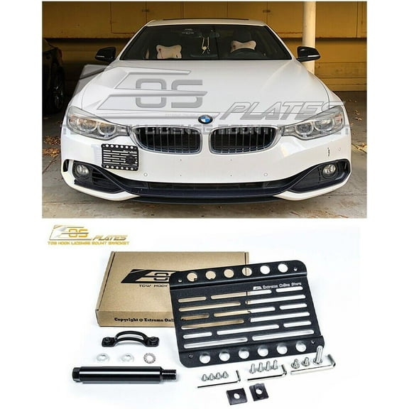 Extreme Online Store Replacement for 2014-Present BMW F32 F33 4-Series Base Bumper Models | EOS Plate Version 1 Mid Sized Front Bumper Tow Hook License Relocator Mount Bracket Tow-018