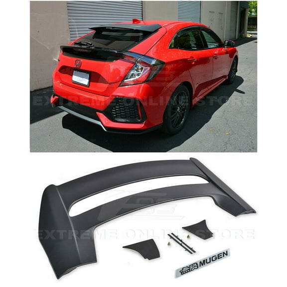 Extreme Online Store Replacement for 2016-2021 Honda Civic Hatchback FK4 FK7 | JDM Mugen Style ABS Plastic Primer Black Rear Roof Top Wing Spoiler with Black Mugen Emblem