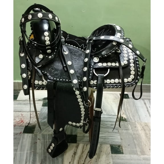 Extreme Silver Show Black Leather Western Saddle with Silver Metal Details, Headstall & Breast Collar