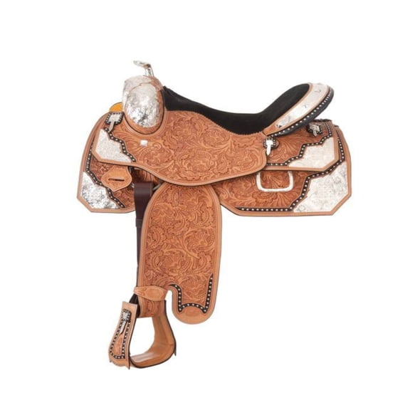 Extreme Silver Show Saddle Beautifully Antique Western Show Carved Genuine Leather Hand Made Saddle 16" with Headstall and Breast Collar Leather