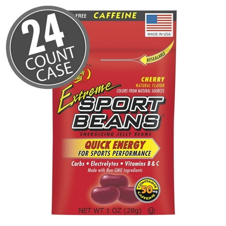 Extreme Sport Beans - Cherry Flavor, Energizing Caffeinated Jelly Beans, 24 Resealable 1 Ounce Bags
