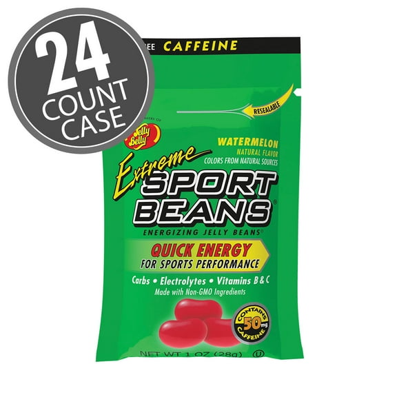 Extreme Sport Beans - Watermelon Flavor, Energizing Caffeine Jelly Beans, 24 Resealable 1 Ounce Bags