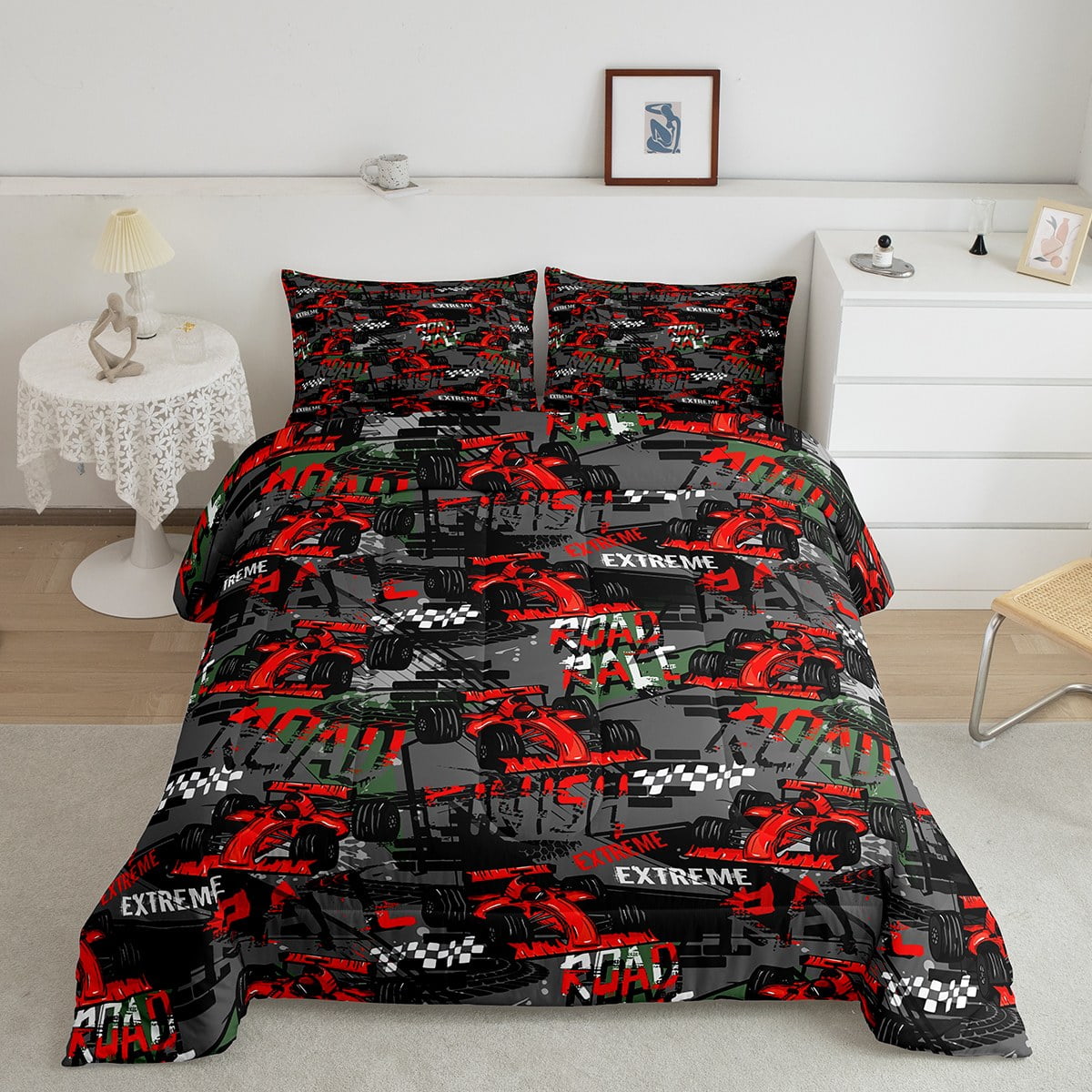 Extreme Sport Bedding Twin Race Car Comforter Set for Teen Boys, Red