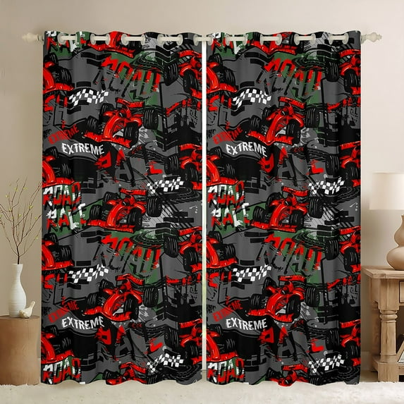 Extreme Sport 30%-50% Blackout Curtains Race Car Curtains & Drapes for Teen, Red Sports Car Curtains Cool Racing Car Black Out Curtains, Hippie Hip Hop Graffiti Window Drapes Red Grey Bedroom Decor