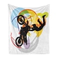 thumbnail image 1 of Extreme Sports Soft Flannel Fleece Throw Blanket, Motocross Themed Rider with Color Smears Background Colorful Arrangement, Cozy Plush for Indoor and Outdoor Use, 60" x 80", Multicolor, by Ambesonne, 1 of 6