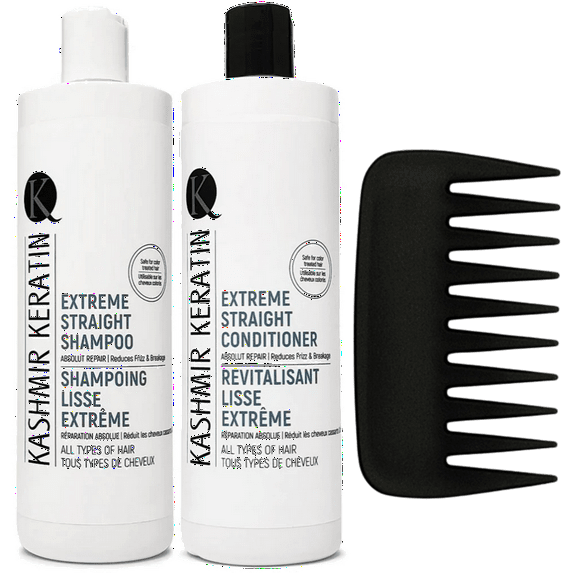 Extreme Straight Shampoo and Conditioner (8 Fl Oz) Kit By Kashmir Keratin Plus Wide Tooth Comb