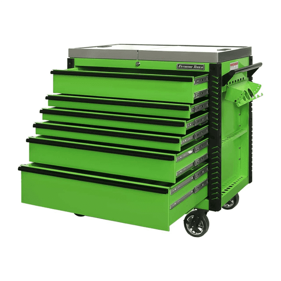 Extreme Tools EX Professional Series 41 Inch 6 Drawer Sliding Top Tool Cart with stainless steel work surface - LIme Green with Black Drawer Pulls