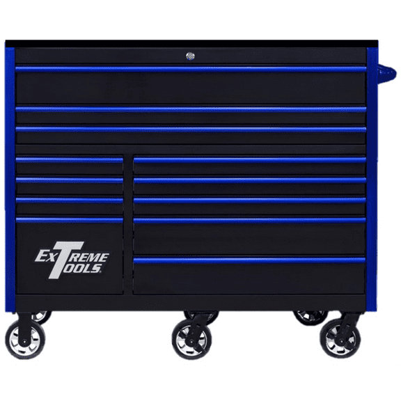Extreme Tools Extreme Tools RX Series Professional 55"W x 25"D 12 Drawer Roller Cabinet 150 lbs slides Black, Blue Drawer Pulls
