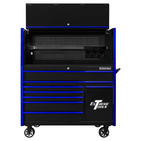 Extreme Tools DX Series 55in W x 25in D Extreme Power Workstation Hutch and 8-Drawer Roller Cabinet w Power Tool Drawer  Black w Blue Drawer Pulls