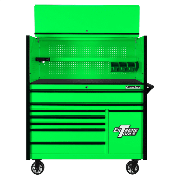 Extreme Tools DX Series 55in W x 25in D Extreme Power Workstation Hutch and 8-Drawer Roller Cabinet w Power Tool Drawer  Green w Black Drawer Pulls