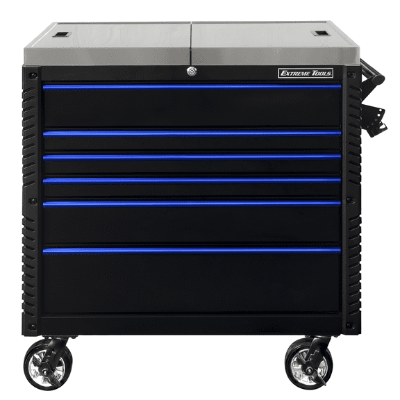 Extreme Tools EX Professional Series 41 Inch 6 Drawer Sliding Top Tool Cart with stainless steel work surface - Black with Blue Drawer Pulls