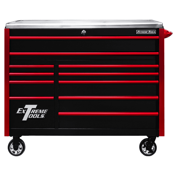 Extreme Tools EXQ Series 55inW x 30inD 11 Drawer Professional Roller Cabinet   300 lbs Slides  Black with Red EX Quick Release Drawer Pulls and Trim