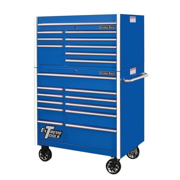 Extreme Tools Rx Series 41 Inch W X 25 Inch D 8 Drawer Top Chest And 11 Drawer Roller Cabinet Combo Blue With Chrome Drawer Pulls