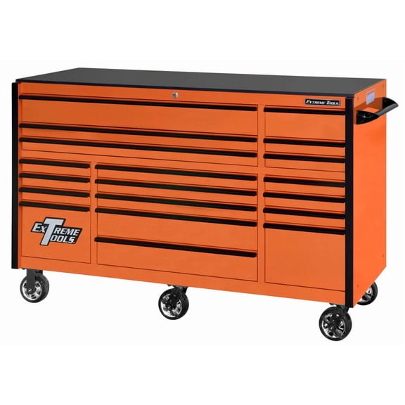 Extreme Tools Rx Series 72 Inch W X 30 Inch D 19 Drawer Triple Bank Roller Cabinet 250 Lbs Slides Orange With Black Drawer Pulls