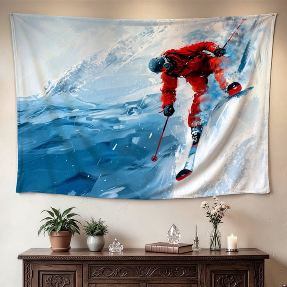 Extreme Winter Sports Skiing Athlete Wall tapestry， Large size Printed Horizontal Tapestry blanket， Polyester Fabric Wall Hanging for living room， bedroom， No Installation Required， Indoor， Outdoor，