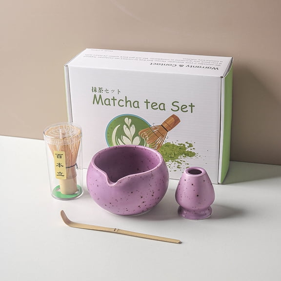 Extremely simple Japanese style matcha set, thickened ceramic matcha bowl with flowing mouth, natural bamboo tea whisk, tea ceremony, six gentlemen 4PCS gift box set (purple)